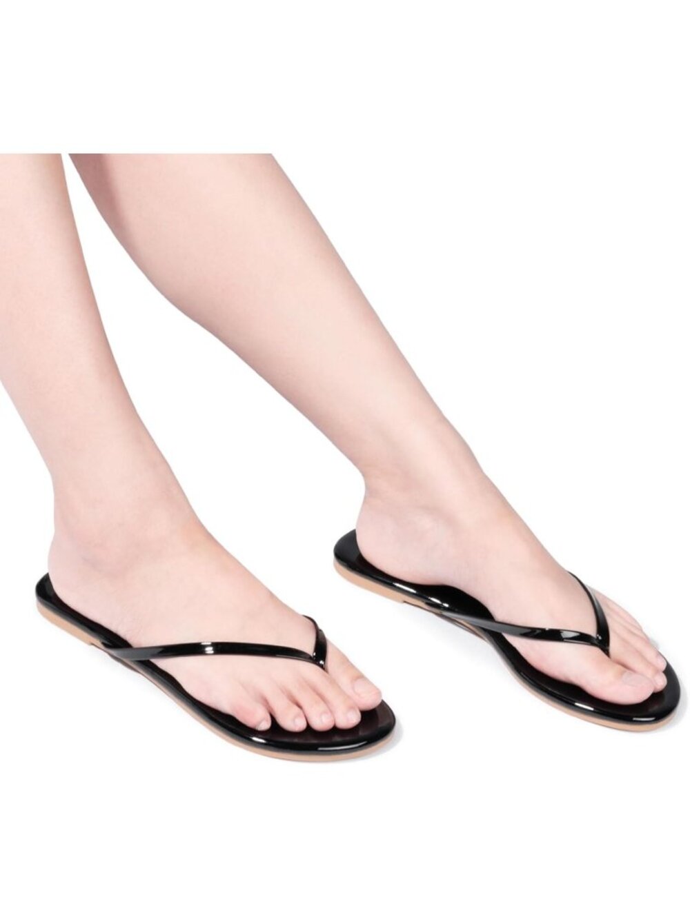 Women’s Glossy Black Summer Comfortable Flip Flops Thong Walking Slide Flats - Picture 2 of 5